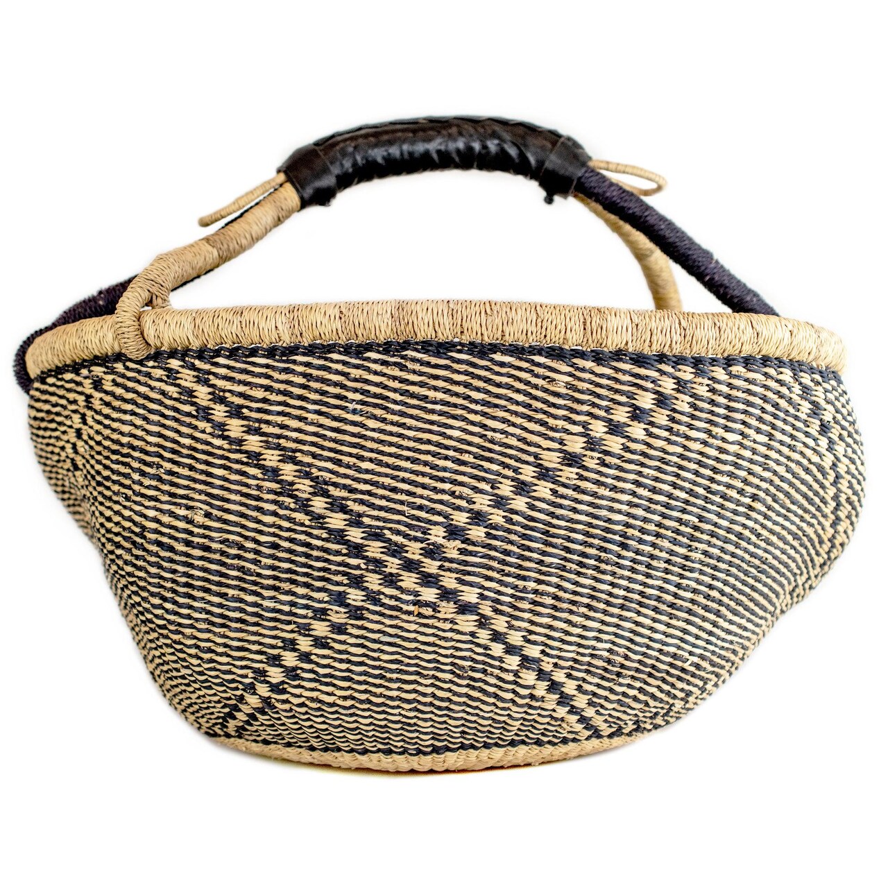 African Bolga Basket | Genuine Leather Handle | Woven Handmade Fair Trade Product | 100% Authentic Ghanaian | 16-18 Inches Across | Black - Diamond Pattern | The Bead Chest